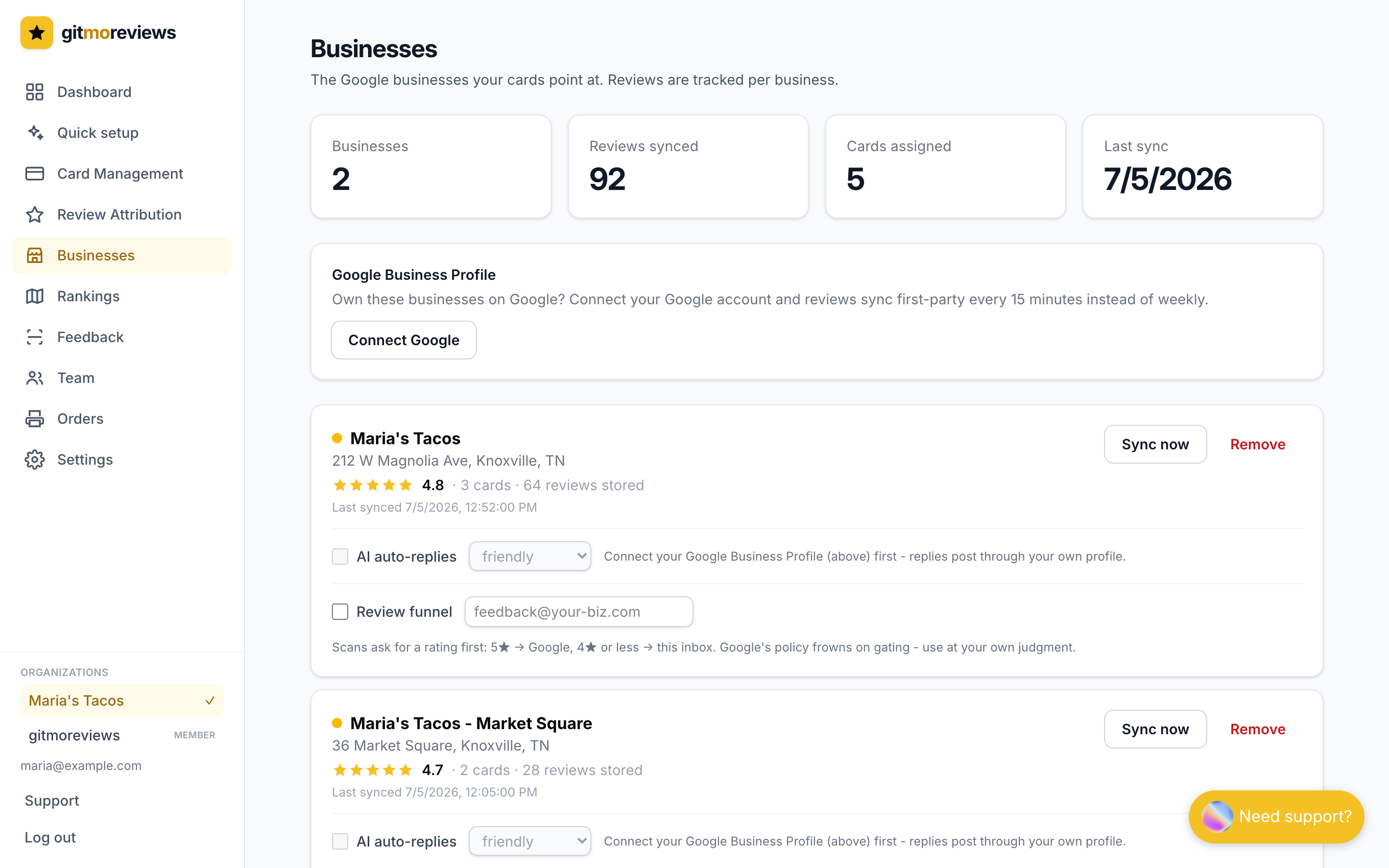 The Businesses & people page with a business added and the search box below