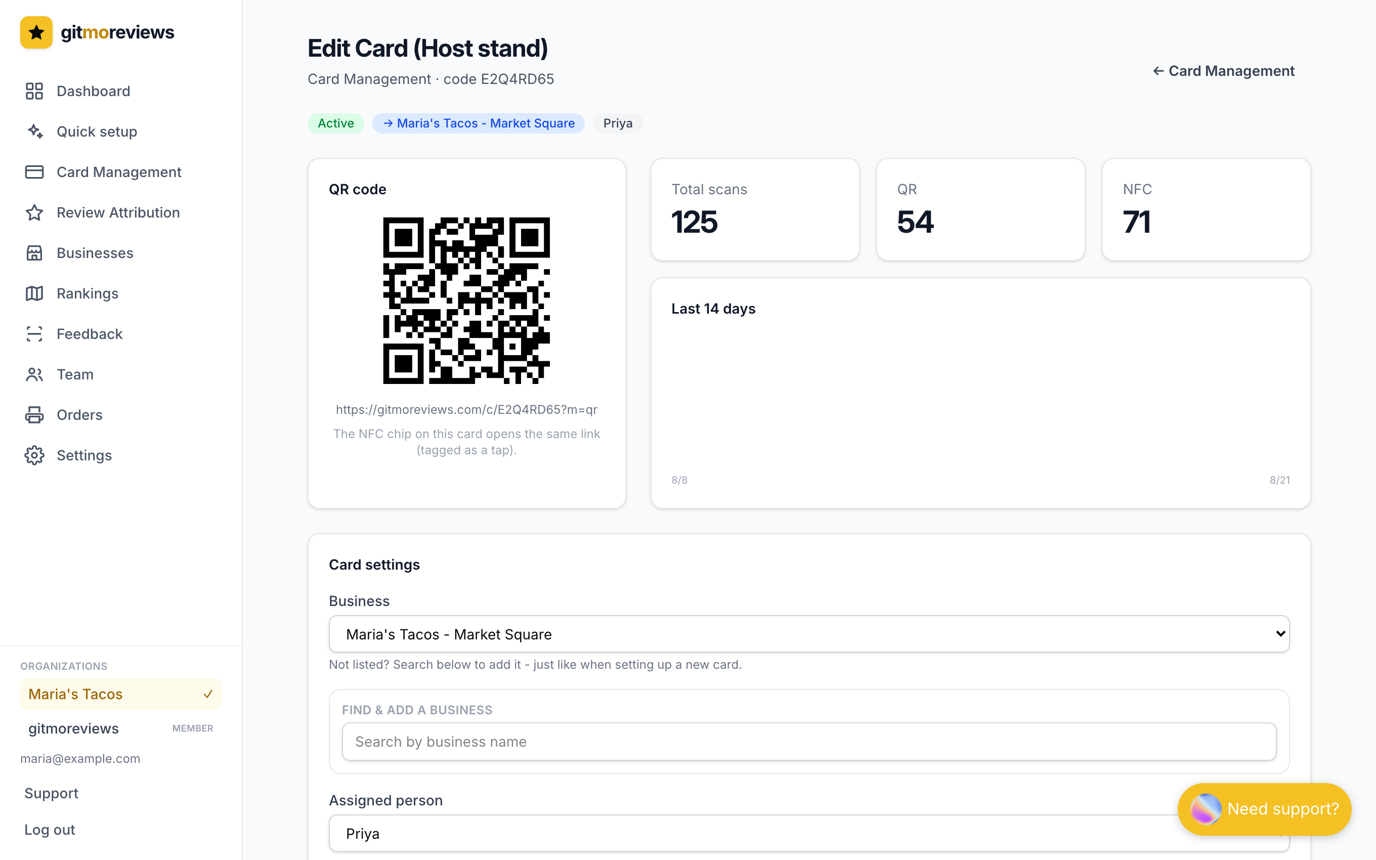 A card detail page showing the QR code, scan stats, a daily chart, and card settings