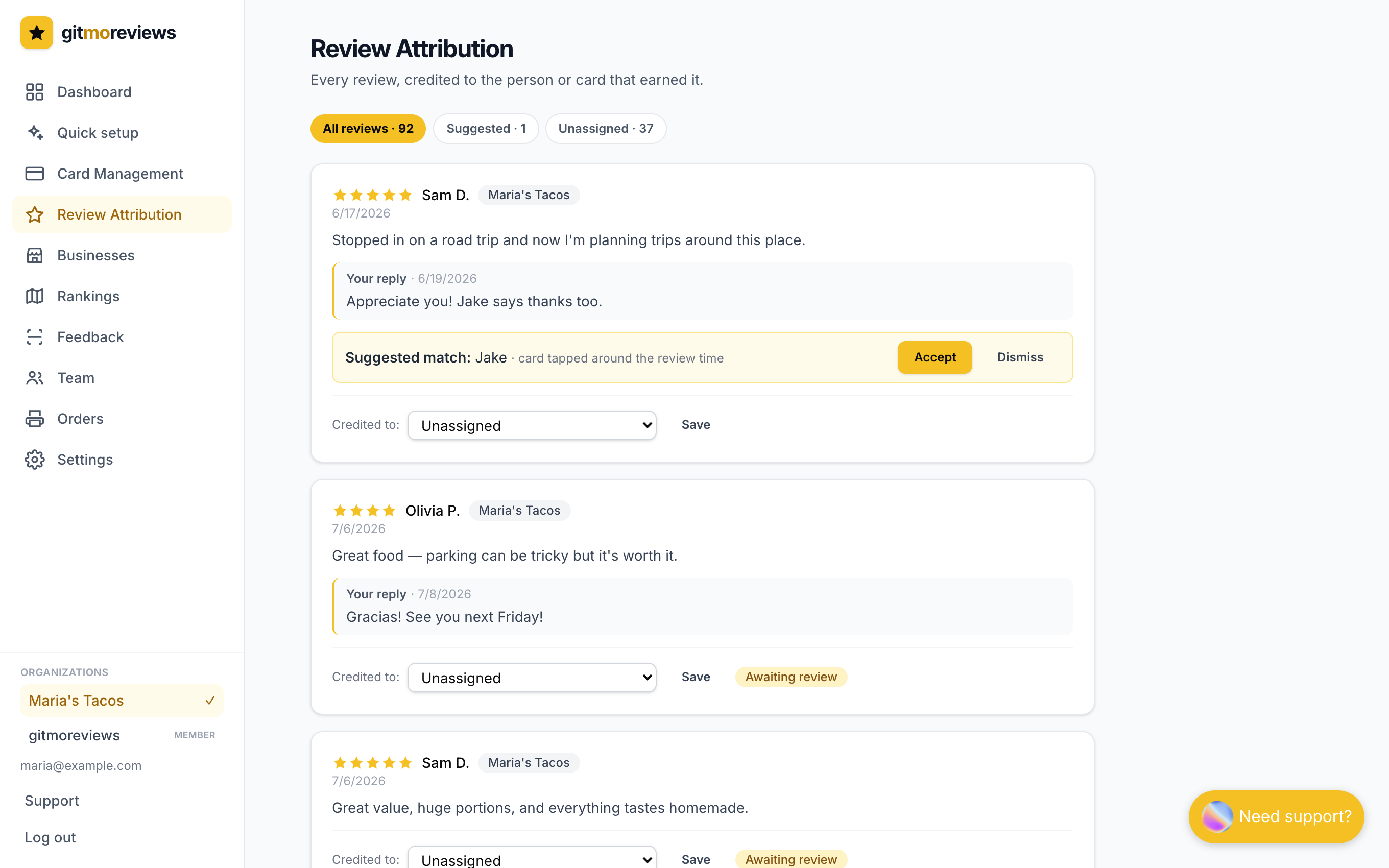 The Credit reviews page with each review and a dropdown to credit a person or card
