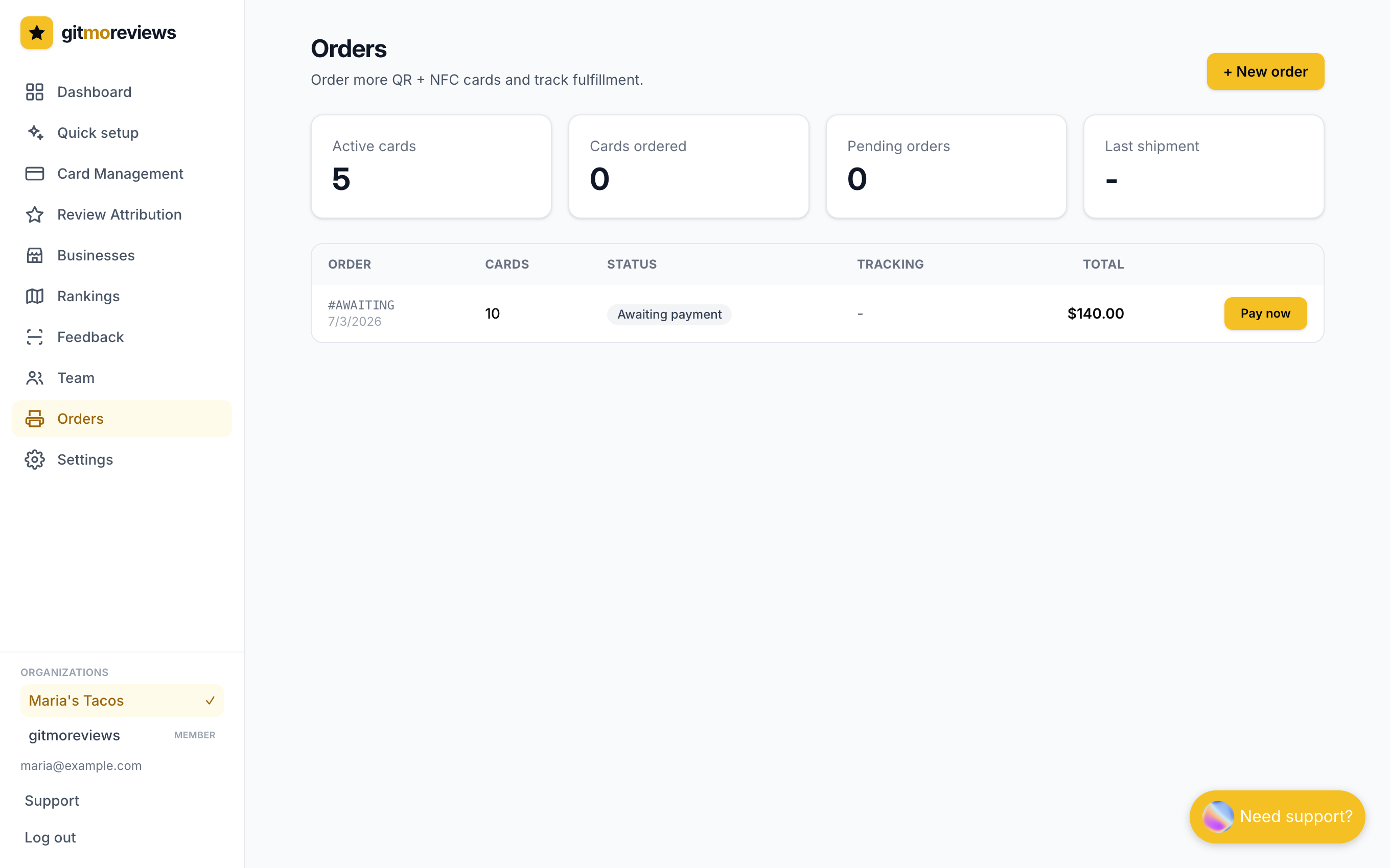 The Orders page showing an order with its status and tracking number