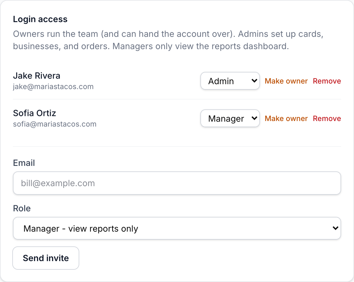 The Team section in Settings with two members and an invite form